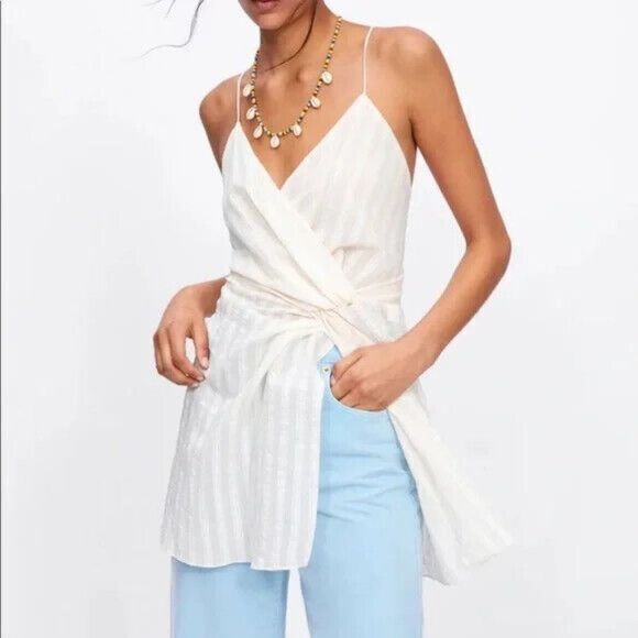 Zara Blogger Fave Cream Striped Knot Front Spaghetti Strap Tunic Dress Size XS - Picture 10 of 12